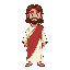  jesus christ, jesus has shoulder-length brown hair, and a short, well-kept beard. he is dressed in simple, humble white robes, with a distinct red sash draped gracefully over one shoulder. 