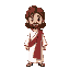  jesus christ, jesus has shoulder-length brown hair, and a short, well-kept beard. he is dressed in simple, humble white robes, with a distinct red sash draped gracefully over one shoulder. 