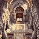 top-down of a synagogue hall. ornate stone carvings on the walls and columns. a decorated niche holds sacred scrolls. mosaic floor patterns. bright interior. rpg style.