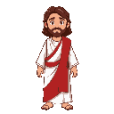  jesus christ, jesus has shoulder-length brown hair, and a short, well-kept beard. he is dressed in simple, humble white robes, with a distinct red sash draped gracefully over one shoulder. 