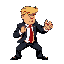 create a retro, pixel-art style sprite sheet of donald trump for a classic 2d fighting arcade game. show him in a dynamic fighting stance, wearing an exaggerated, stylized business suit (with his sign