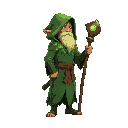 druid in green leafy robe with green lights magic effects and wooden staff, standing pose, side view