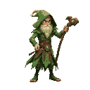 druid in green leafy robe with green lights magic effects and wooden staff, attack pose, side view