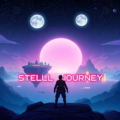 epic sci-fi game banner with floating islands, twin moons, starry sky, glowing portals, and hero facing the horizon. title: stellar journey in sleek neon font.