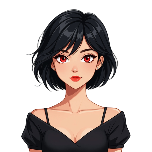 female, short black hair, red eyes, black dress