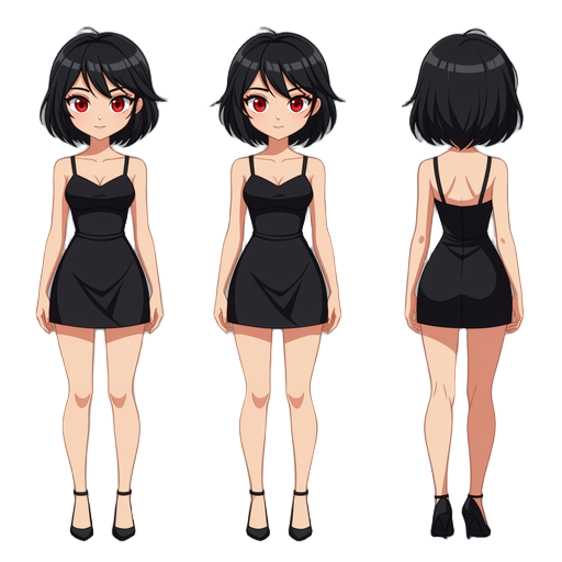 female, short black hair, red eyes, black dress
