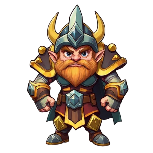 a heroic male warrior character designed for a fantasy strategy game. he has exaggerated proportions with a large head and strong upper body, cartoonish features, and a bold, expressive face. his armor is colorful and cleanly detailed with metallic textur