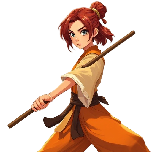  full-body anime shaolin girl, tall and athletic yet graceful, tanned golden skin, short russet bob hair, gray-blue eyes, torn saffron robes, holding bo staff in combat stance, sunlight, dynamic pose, minimal warm production i.g / trigger style.  