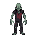  pixel.menacing zombie in a classic 90s style inspired by doom 1, standing against a deep red background. the zombie has an angry expression, wearing torn, dark clothing with blood stain