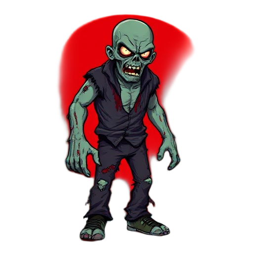  pixel.menacing zombie in a classic 90s style inspired by doom 1, standing against a deep red background. the zombie has an angry expression, wearing torn, dark clothing with blood stain