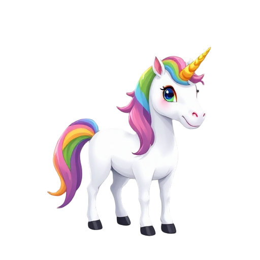 cute white unicorn with rainbow mane and rainbow tail and golden horn