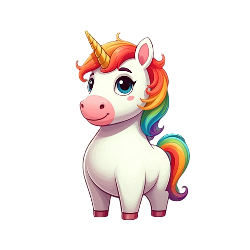 cute white unicorn with rainbow mane and rainbow tail and golden horn