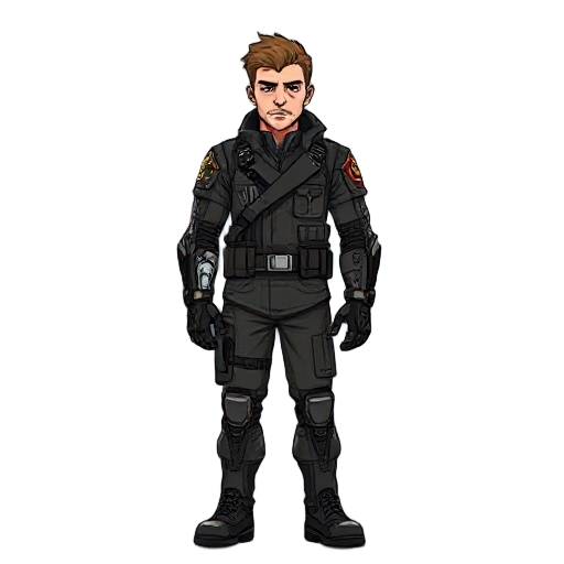 cyberpunk male character from an alternate ussr future where the soviet union never collapsed, post-soviet atmosphere, wearing old soviet-style uniform mixed with futuristic tech armor, has visible mechanical arm implants, gritty urban background, neon cy