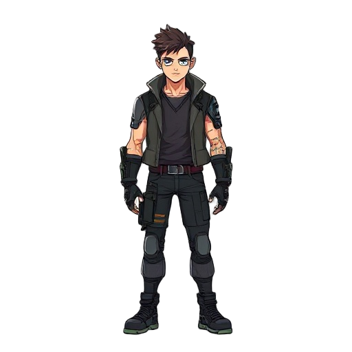 cyberpunk male character in a world where a powerful regime never fell, post-industrial atmosphere