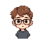 boy with glasses, brown hair, middle part haircut, full body, sprite art, character
