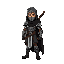warrior with a rome armor and a black cloak, carrying a katana sword in its sheath