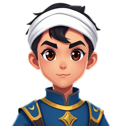 character portrait, arab boy hero, age 14,  black hair, white headband, brown eyes,  blue outfit with gold details, confident expression,  2d game art, anime style, detailed face