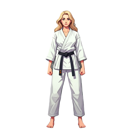 woman, long blonde hair, white karate uniform, black karate belt, bare feet
