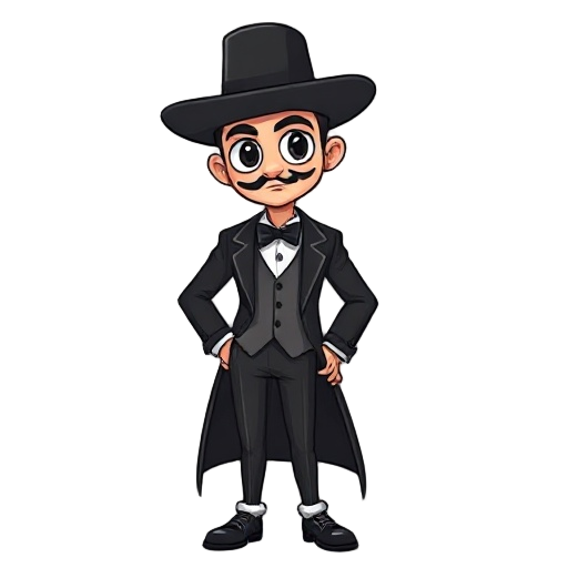 personaje con vestuario negro elegante y gorra negra con ragos latinos estilo cossy game