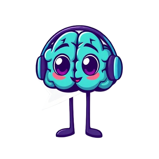 a cute, modern app icon featuring a cartoon-style brain character shaped like a speech bubble, wearing headphones. the brain is teal with thick, dark purple outlines and has large, expressive eyes and