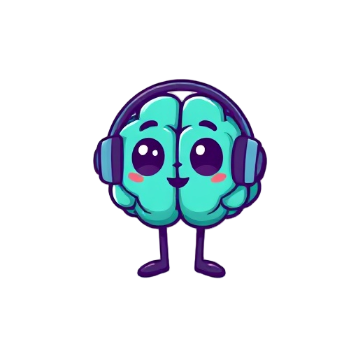 a cute, modern app icon featuring a cartoon-style brain character shaped like a speech bubble, wearing headphones. the brain is teal with thick, dark purple outlines and has large, expressive eyes and