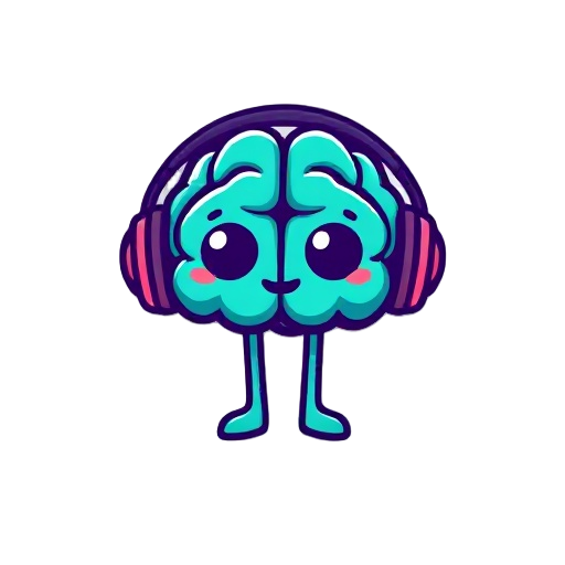 a cute, modern app icon featuring a cartoon-style brain character shaped like a speech bubble, wearing headphones. the brain is teal with thick, dark purple outlines and has large, expressive eyes and