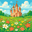 generate like a green field full of flowers and vibrant colors and a caslte in the middle of it 