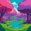 magical mystical forest with pink purple and vibrant trees but normal green grass with  butterflies, a nice lake with a vibrant blue color