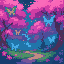 sakura forest with butterflies, in vibrant coloring and mystical theme