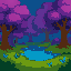 magical mystical forest with  purple and vibrant trees leaves and ofcourse the bark should still be brown but normal green grass with  butterflies, a nice lake with a vibrant blue color