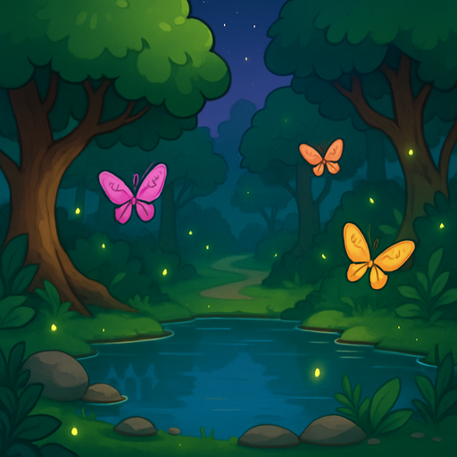 magical mystical forest with butterflies fireflies a lake and more