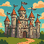 a great castle with a medieval theme and purple flags