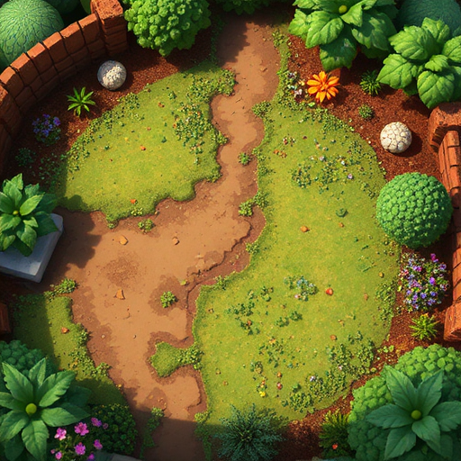 top down view of a garden with dirt paths on it.