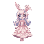 8-bit sprite of a bunny girl with moonlight hair, velvet pink and cream ears, and wise eyes. she wears a flowing southern belle dress with corset lace, forest fae details, and floral motifs.