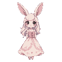 8-bit sprite of a bunny girl with moonlight hair, velvet pink and cream ears, and wise eyes. she wears a flowing southern belle dress with corset lace, forest fae details, and floral motifs.
