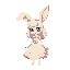 8-bit sprite of a bunny girl with moonlight hair, velvet pink and cream ears, and wise eyes. she wears a flowing southern belle dress with corset lace, forest fae details, and floral motifs.