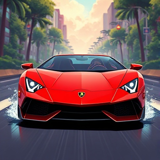 the car is a red lamborghini that drives