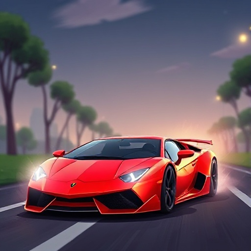 the car is a red lamborghini that drives