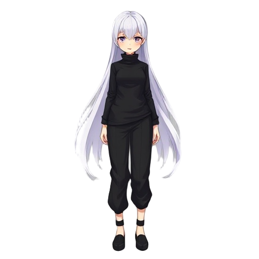 a pretty anime girl with long flowing white hair, wearing all black clothing. her pants are distinctly asymmetrical.