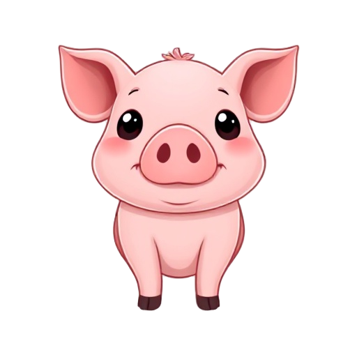 a chibi pig character, 2d style, front view, pink skin, big black eyes, round snout, tiny ears, standing pose, simple flat colors, white background, suitable for video game sprite