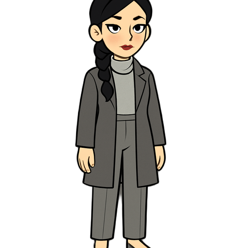 25-year-old woman, black hair in a side braid on the right, fair skin, and eyes marked by eyeliner. she wears an ice gray turtleneck with a discreet scarf, a mid-gray coat, light gray dress pants, and grayish-brown shoes. a neutral palette highlights her 