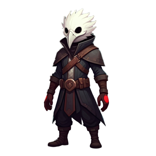  a character with a prominent white, beak-like mask and dark, hooded clothing, with barely noticeable red accents on the gloves.