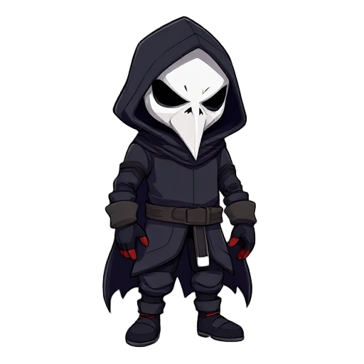  a character with a prominent white, beak-like mask and dark, hooded clothing, with barely noticeable red accents on the gloves.
