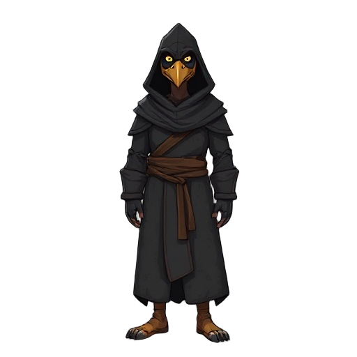  a full-length shot of a man wearing a dark, textured robe and a distinctive bird-like mask and hood.