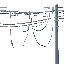 exposed electrical wires hanging loosely from a utility pole or wall. some wires are frayed, tangled, or drooping dangerously close to the ground. the insulation is worn in places, revealing bare copp