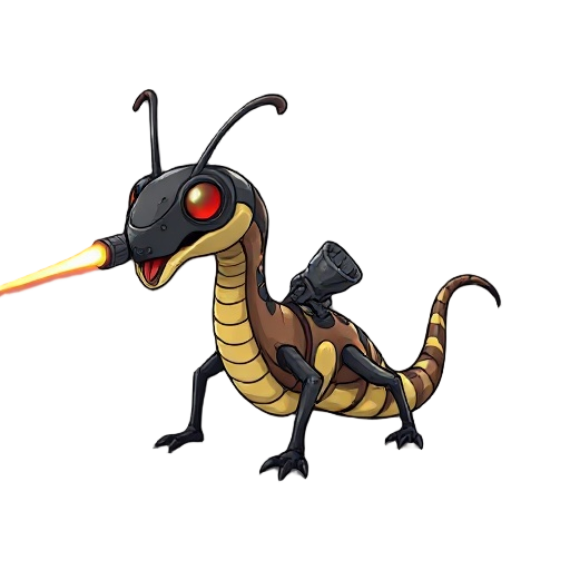 a futuristic being that is half snake half ant eater with big laser cannons on its back, shooting lasers in a forward direction
