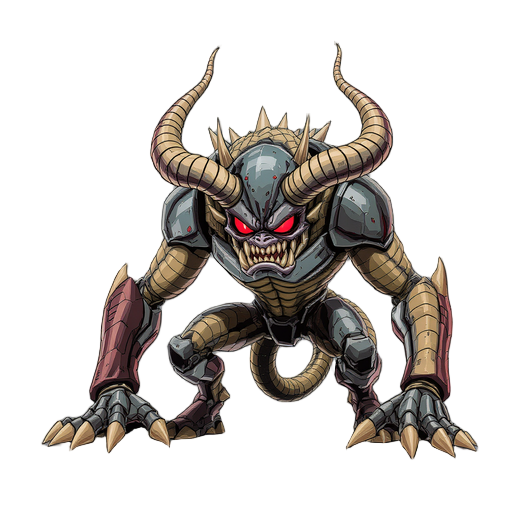 a futuristic mutated human, instead of arms he has two snakes with red eyes, he is a mean cyborg with angry intent, too long spiked horns coming out of his head. he is in a crouch position ready to pounce. and both of his snake arms are reared up to attac