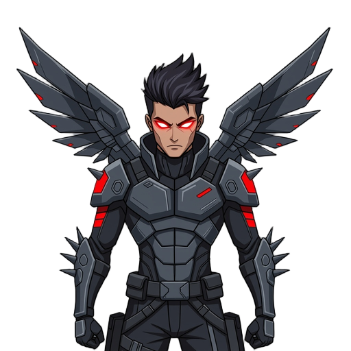 a futuristic assassin with mech wings, red eyes and spiky shoulders