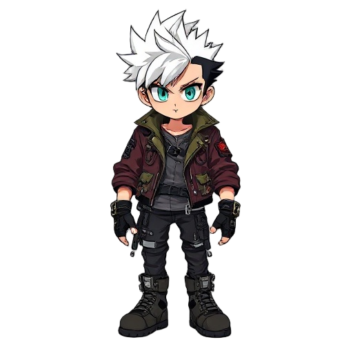 a gritty, anime-style teenage delinquent with a punk-inspired look. rudo from gachiakuta — wild, spiky white hair with dark undercut, sharp turquoise eyes filled with defiance. wears a patched-up, ragged jacket with multiple zippers and buckles, tattered 