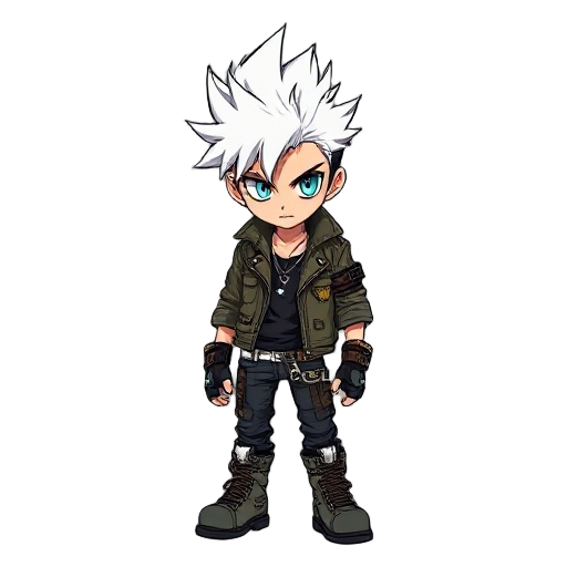a gritty, anime-style teenage delinquent with a punk-inspired look. rudo from gachiakuta — wild, spiky white hair with dark undercut, sharp turquoise eyes filled with defiance. wears a patched-up, ragged jacket with multiple zippers and buckles, tattered 